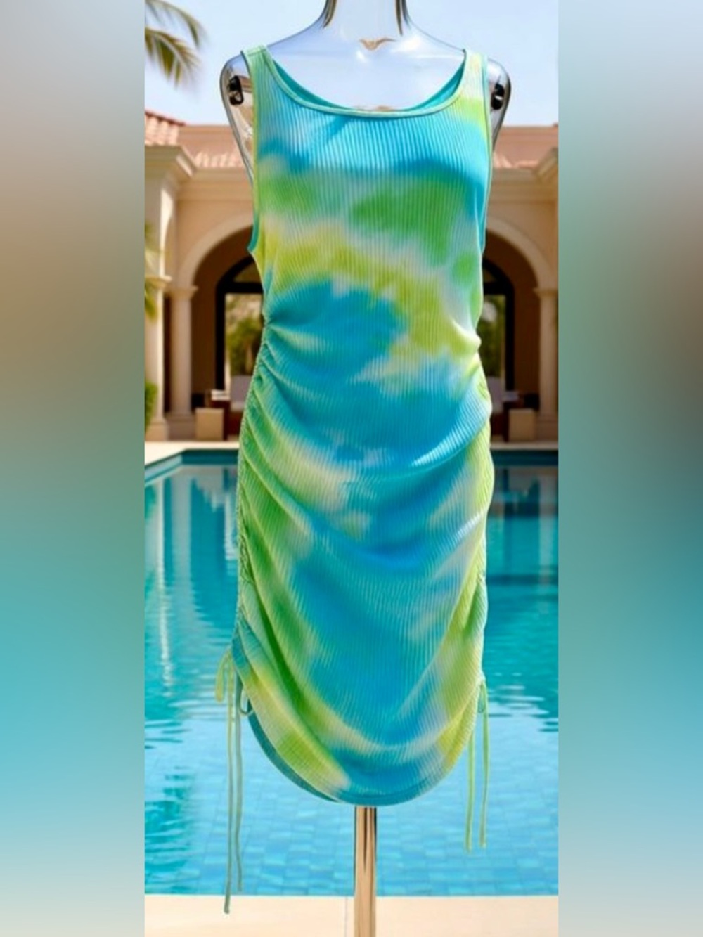 Beach Pool Cover Up Dress Blue & Green Ruched - Women’s Large